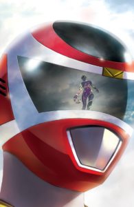 A Purple Ranger is reflected in the visor of a Red Ranger's helmet in Mighty Morphin Power Rangers #32 Cover C. Written by Marguerite Bennett and drawn by Simone Di Meo. Published by BOOM! Studios. October 24, 2018