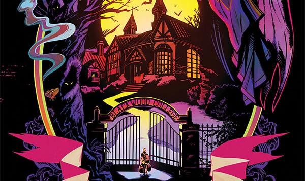A lone figure approaches Blackwood College in Blackwood Volume 1 cover A. Written by Evan Dorkin, drawn by Veronica and Andy Fish. Published by Dark Horse Comics. December 21, 2018.
