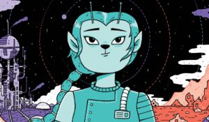 Flint the protagonist in Retrograde Orbit cover. Written and drawn by Kristyna Baczynski. Published by Avery Hill Publishing. 22 September, 2018