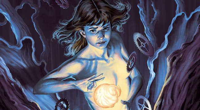 A nude young woman surrounded by dark, scary trees and cogs that cover her nipples, shapes a ball of magic in her hands