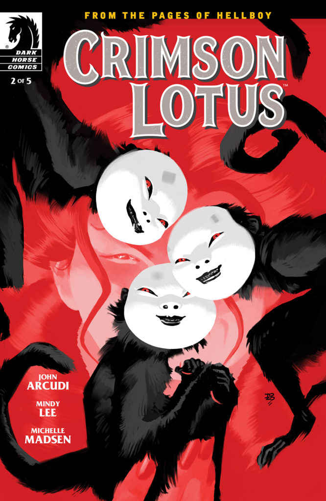 A woman's face appears in red behind three masked monkeys on the cover of Crimson Lotus #2