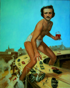 A giant Edgar Allan Poe in his underwear terrorizes a highway full of cars