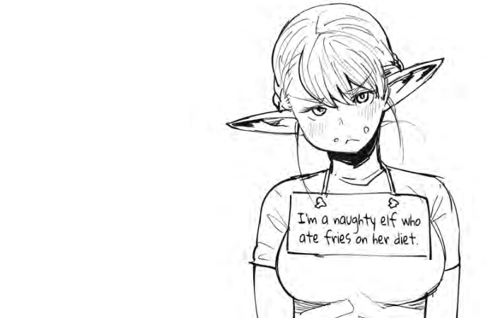 A oicture of Elfuda with a shaming sign around her neck that reads "I'm a naughty elf who ate fries on her diet".