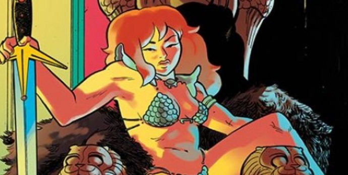 Red Sonja lounges in a throne
