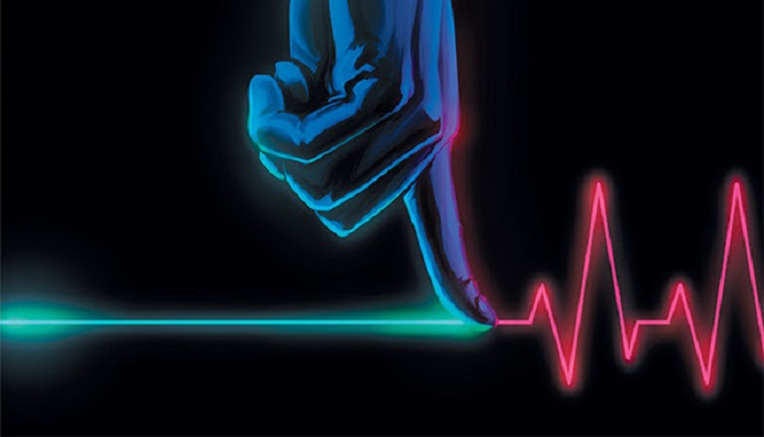 A blue shaded hand with a finger touching a blue line that becomes the red line of a heartbeat monitor