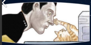 Panel from Star Trek Waypoint Special, Sonny Liew, IDW Publishing, 2018 - Spot the cat reaches out to touch Data's nose