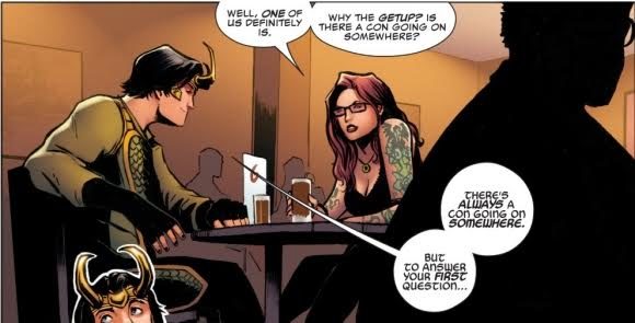 Loki and Verity Willis talk in a restaurant