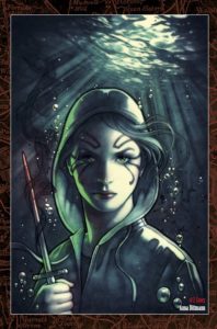 A striking woman in a hoodie, with facial tattoos and a bloody knife in her hand