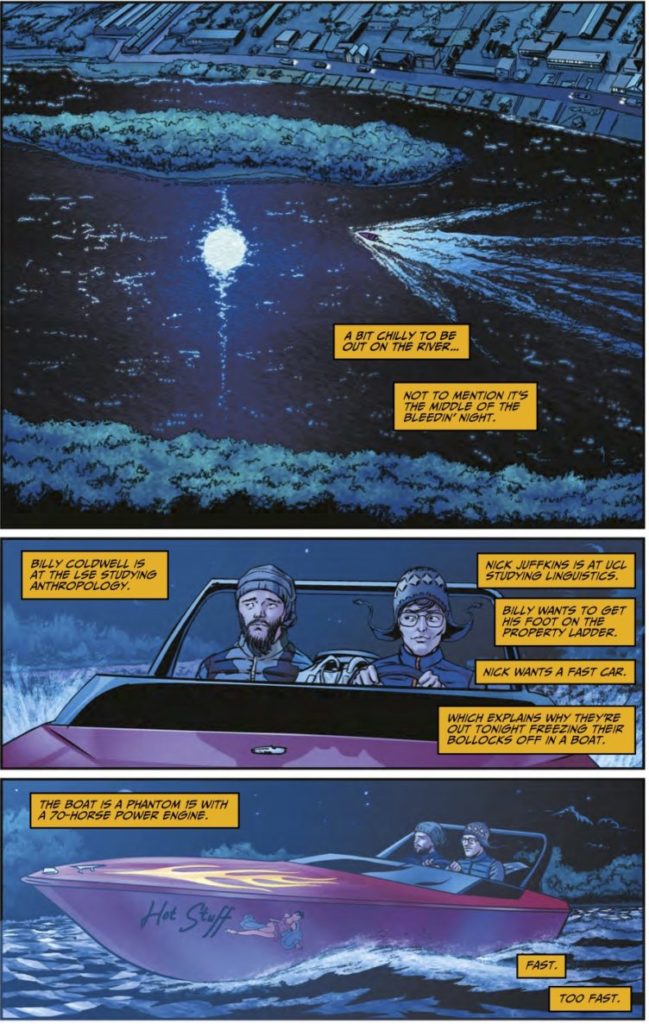 two white boys in a speedboat on the Thames on a moonlit night