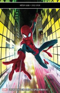 Peter Parker swings between two city buildings