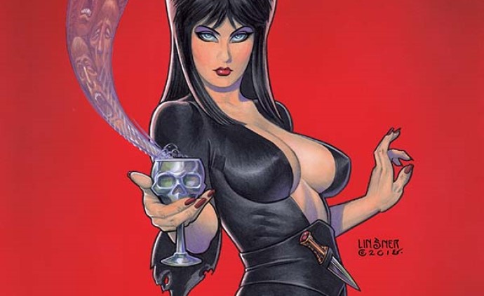 Elvira holding a goblet with the face of a skull, with screaming spirits floating up from it, art by Joseph Michael Linsner