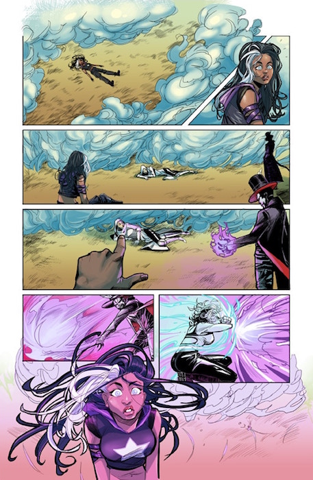 A page from Spirit's Destiny #2, illustrated by Julie Anderson. Over the course of the seven-panel page, Destiny sits up from being knocked out, points at another supine figure in a white hood and coat, and then withstands a blast of purple magic from a sorcerer wearing a top hat, skull face paint, and a black-and-red fitted coat. Spirit's Destiny; Julie Anderson, Lashawn Colvin, Dorphise Jean; Short Fuse Media Group; 2016-2019