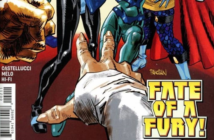 A large hand points with the index and middle finger towards a group of women in the centre of the scene. Text: Fate of a Fury!