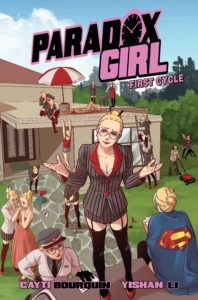 Cover of Paradox Girl - Paradox Girl shrugs helplessly as other versions of herself perform various actions around her.
