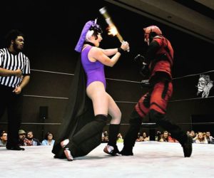 Evil Lyn using her powerful magic on Daredevil at Raleigh Supercon 2017. Photo credit: Rob Holt, Fisticuffs Photography