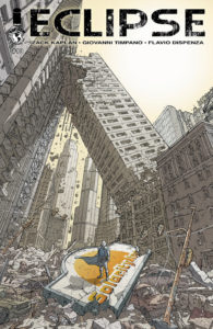 A lone figure in a blew coat blowing in the wind stands beneath towers in a crumbling city on the cover of Eclipse #13 (Top Cow Productions, March 2019)