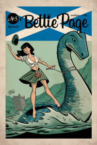 Cover for Bettie Page #15 - Writer: David Avallone, Covers: Scott Chantler, Julius Ohta, John Royle, David Williams; Art: Julius Ohta) - Bettie in a tied-off white shirt and kilt, riding Nessie