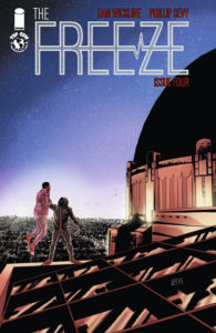 A person holds aloft another man by his throat on the top of a building on the cover of The Freeze #4 (Top Cow Productions, March 2019)