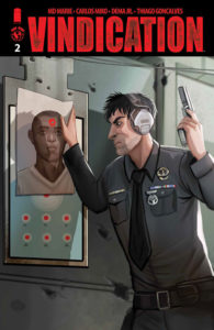 A police officer holds a gun at a shooting ranger, angrily staring at the image of a black man's face on a target on the cover of Vindication #2 (Top Cow Productions, March 2019)