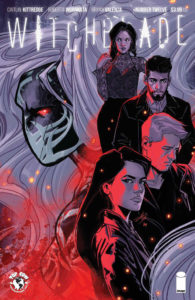 The face of Alex in the Witchblade mask is surrounded by the figures of 4 people on the cover of Witchblade #13 (Top Cow Productions, March 2019)