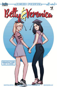 Betty and Veronica #5 Cover A, drawn by Derek Charm. Written by Jamie Lee Rotante and drawn by Sandra Lanz. Published by Archie Comics. 8 May, 2019. - Betty and Veronica, wearing graduation caps and casual clothes, hold hands while looking over their shoulders at the viewer