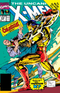 Colossus holds Professor Xavier by the throat, about to punch him, as a woman tries to stop him,