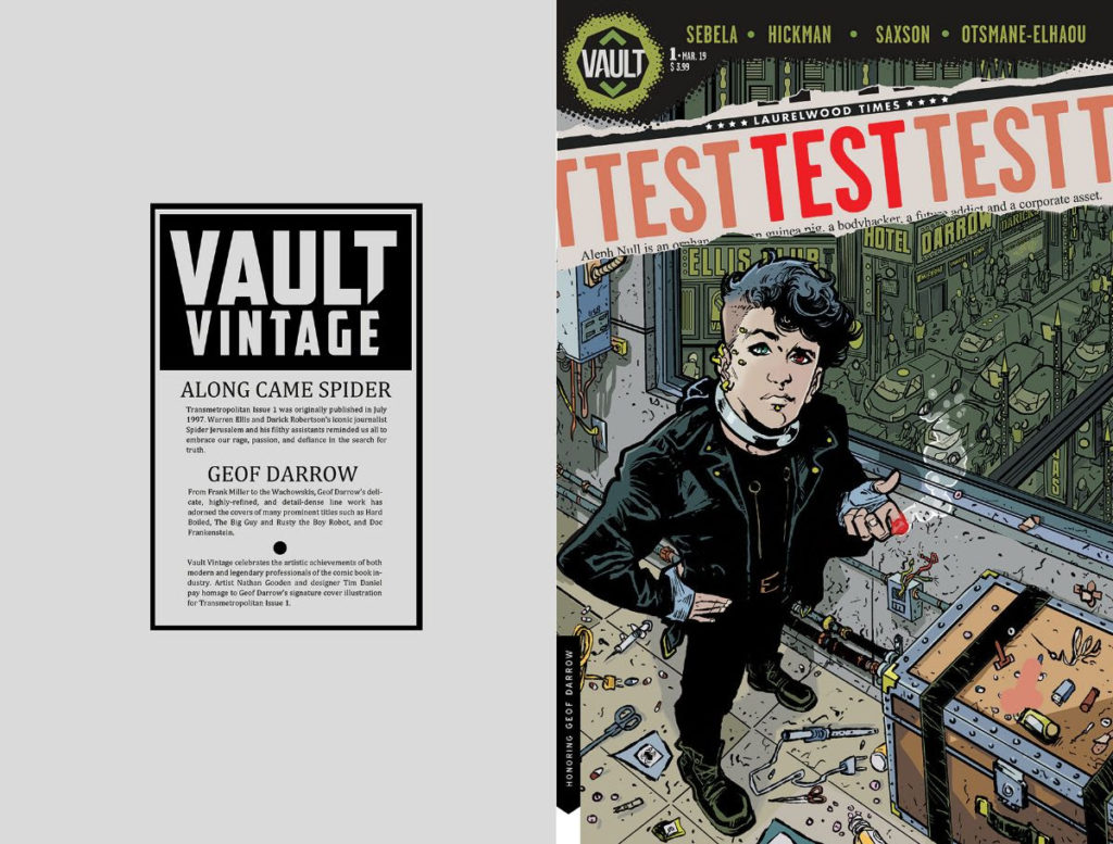 TEST #1 Vault Vintage cover pays tribute to Geoff Darrow's cover to Warren Ellis and Darick Robertson's Transmetropolitan #1.