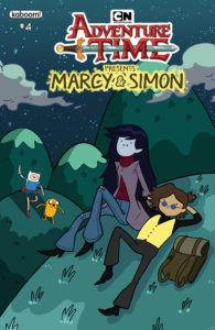 Adventure Time: Marcy & Simon #4, Cover art Brittney Williams, KaBOOM, 2019 - Marcy and Simon hanging out on a hill, with Jake and Finn in the background waving and coming to join them