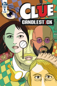 Clue Candlestick #1 cover by Dash Shaw. Written and drawn by Dash Shaw. Published by IDW Publishing. May 22, 2019 - A collage of character heads along with objects like a magnifying glass and yellow game pawn