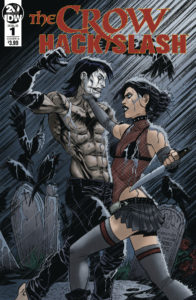 Crow: Hack/Slash #1 cover by Tim Seeley - The Crow and Cassie Hack face off in a rainy graveyard, Cassie holding the Crow by the throat and wielding a dagger as he raises his hand to strike