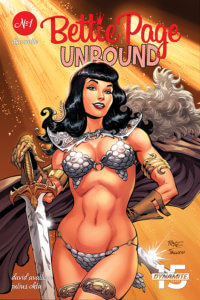 John Royle variant for Bettie Page: Unbound #1 David Avallone (writer), Scott Chantler, Julius Ohta, John Royle and Mohan, David Williams and Kelsey Shannon (Covers), Sheelagh D (color flats), Taylor Esposito (letters), Julius Ohta (art), Ellie Wright (colors) June 5th, 2019 Dynamite Comics - Bettie Page in a chain mail bikini holding a sword