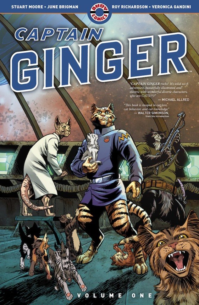 The crew of the Indomitable stand to attention in Captain Ginger Volume 1 Cover by June Brigman, Roy Richardson, and Veronica Gandini. Written by Scott Moore and drawn by June Brigman and Roy Richardson. Published by Ahoy Comics. June 18, 2019.