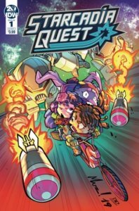 Starcadia Quest Cover - Two kids on a bike fleeing a mech firing missiles at them