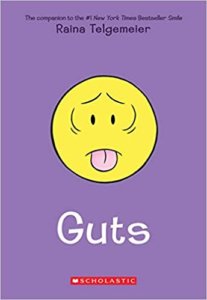 Cover for Guts by Raina Telgemeier - A simple yellow smiley face sticking its tongue out with a worried expression, against a purple background