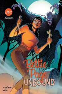 David Williams and Kelsey Shannon cover for Bettie Page: Unbound #2 David Avallone (writer), Scott Chantler, Julius Ohta, John Royle and Mohan, David Williams and Kelsey Shannon (Covers), Sheelagh D (color flats), Taylor Esposito (letters), Julius Ohta (art), Ellie Wright (colors) C July 10th, 2019 Dynamite Comics - Bettie steps warily into a graveyard holding a stake and crucifix, while a vampire jumps up behind her