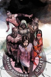 Lois Lane, Batman, Plastic Man, Green Arrow, Manhunter, and the Question standing on a broken ARGUS seal