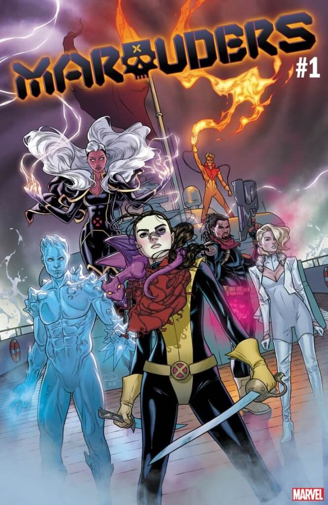 Kitty Pryde, Iceman, Bishop, Pyro, Emma Frost and Storm standing on the deck of a ship. Kitty has two swords.