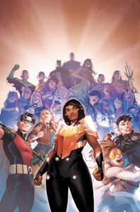 Naomi with Young Justice and the Justice League in the background