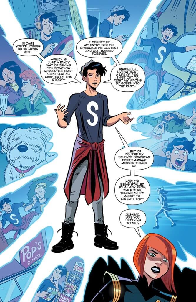 Panel Art for Jughead’s Time Police #2 - Derek Charm (cover/art), Sina Grace (writing), Erica Henderson (cover), Matt Herms (coloring), Jack Morelli (lettering), Rosario “Tito” Peńa (covers) - C Archie Comics July 17th, 2019 - Jughead recaps the current events for the reader, with side panels illustrating his flashback; at the bottom right, January asks if he's even listening to her