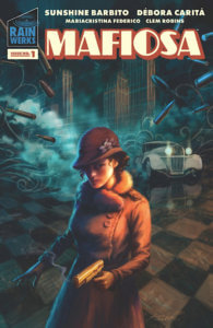 A woman holds a gun, dressed in a coat and hat in 1920s fashion