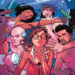 A group of five people in various states of undress float in zero gravity, making faces for the camera