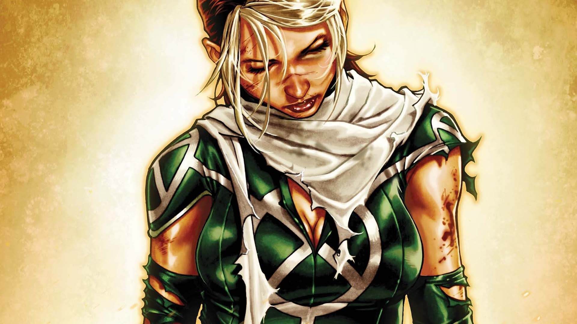 Rogue with her head bowed after a rough battle that has left her clothes torn and her arms and face but and bloody