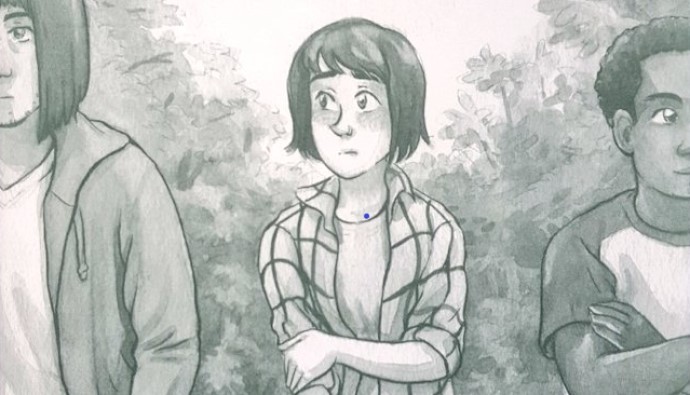 The main character stands awkwardly between two male presenting characters. A forest is in the background