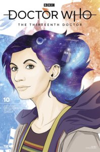 Cover for Doctor Who: The Thirteenth Doctor #10 - Titan Comics - Tracy Bailey (colorist), Jody Houser (writer), Roberta Ingranata (artist), Comicraft’s Sarah Jacobs (letterer), Comicraft’s John Roshell (letterer), Richard Starkings (letterer) - A woman with a blue hair stares into space, while her hair is colored like the cosmos with the TARDIS floating through it
