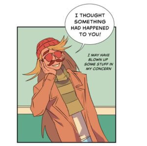 Mustachio may have blown up some stuff in his concern for Elle, Matchmaker Hero on Webtoon, by Madeline Ince