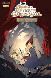 Cover for Over the Garden Wall Soulful Symphonies #1 - Mike Fiorentino (Letterer) Rowan MacColl (Artist), Dean Stuart (Colorist), Emily Willis (Writer) KaBOOM! August 7, 2019 - Wirt and Greg recoil from an unseen assailant while on a theater stage