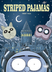 Striped Pajamas Cover by Firat Yaşa, Europe Comics - A close-up of a wide-eyed face, with the floating heads of an owl and cat and a moonlit castle in the background