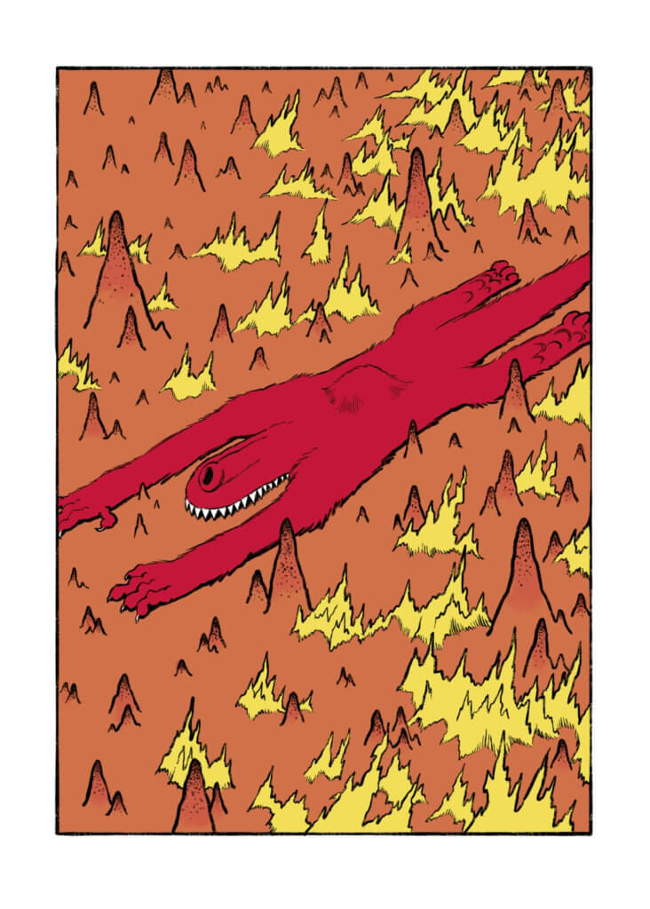 Trap Page 169 by Mathieu Burniat, Europe Comics - A red, four-legged beast lies prone on a landscape of orange hills with small fires all over it