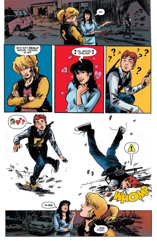 Panel Art of Archie vs Predator 2: Revenge Comes to Riverdale #1 Rick Burchett with Rosario Tito Peṅa, Derek Charm, Francesco Francavilla, Robert Hack with Kelly Fitzpatrick, Dan Parent, Billy Tucci with Wes Hartman (Covers); Alex di Campi (Story); Kelly Fitzpatrick (Coloring); Robert Hack (Line Art); Jack Morelli (Line Art) C Archie Comics/Dark Horse Comics July 24th, 2019 - Betty is skeptical that Archie is "really" Archie, followed by Veronica calling him and Archie trying to come but plotzing headfirst to the ground instead