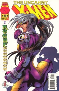 Rogue wearing purple and yellow jumpsuit, back to the camera, looking over her shoulder, fists ready for a fight